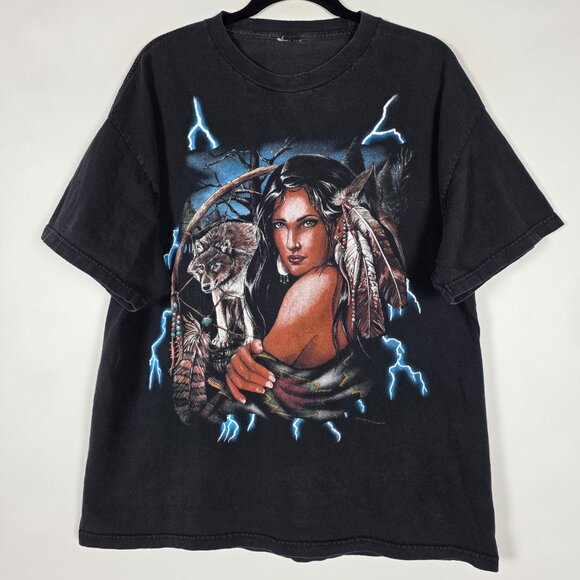 Vintage 90s USA Thunder Wolf Native Mens XL Short Sleeve Black Graphic T Shirt - Picture 1 of 6
